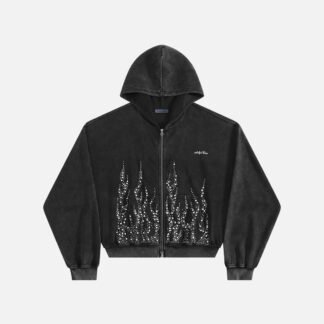 Aelfric Eden Boxy Flame Rhinestone Zip Up Hoodie