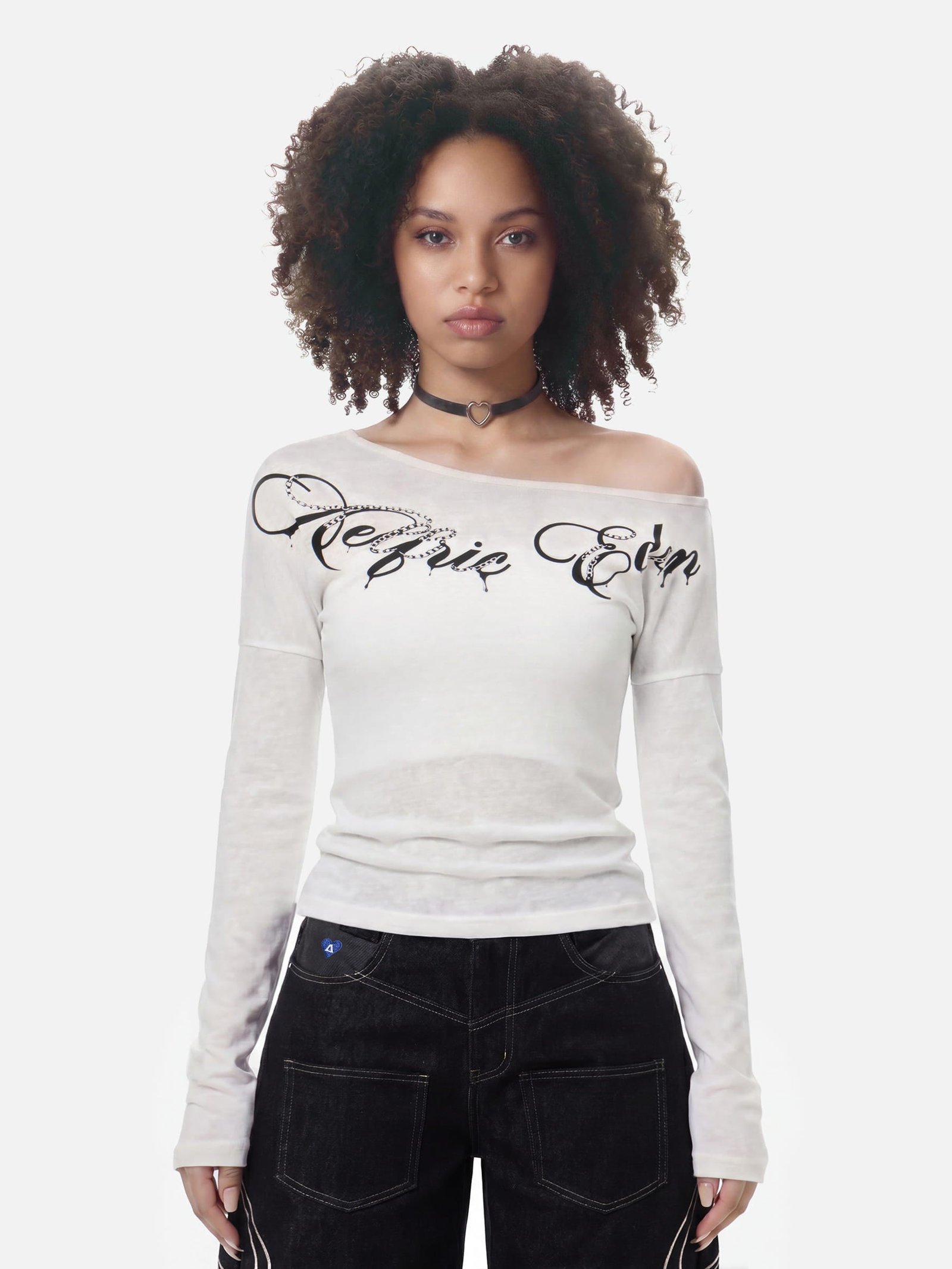 Aelfric Eden Off-The-Shoulder Script Long Sleeve Tee
